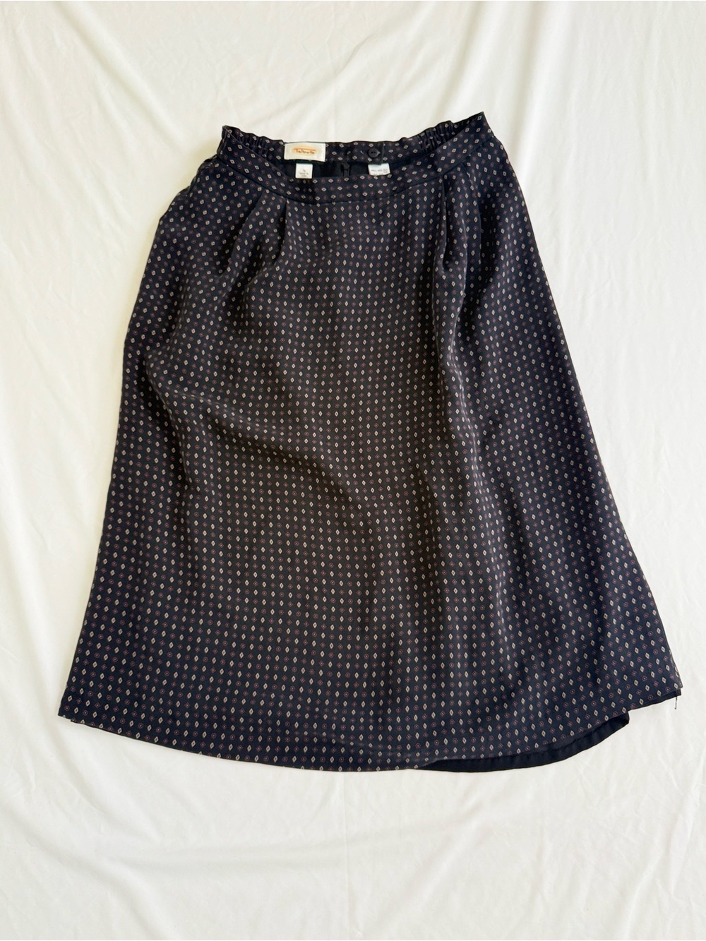 Vintage Talbots 100% Silk Geometric Print Midi Skirt 14 Black Dark Academia